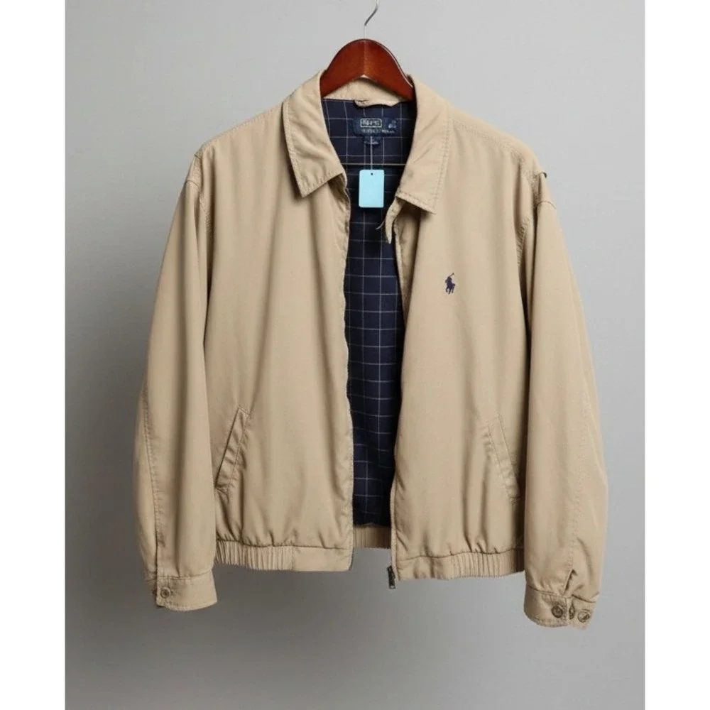 Polo Ralph Lauren Harrington‎ Jacket Tan Khaki Plaid Lined Full Zip Pony Logo L
